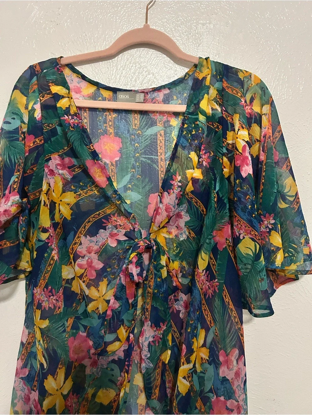 ASOS Green Sheer Floral Tie-Front Pareo dress with Pink & Yellow Blooms